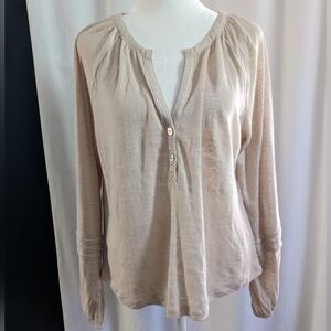 Calypso St. Barth 100% Linen Henley Top Ruffle Relaxed Sleeve Blouse M